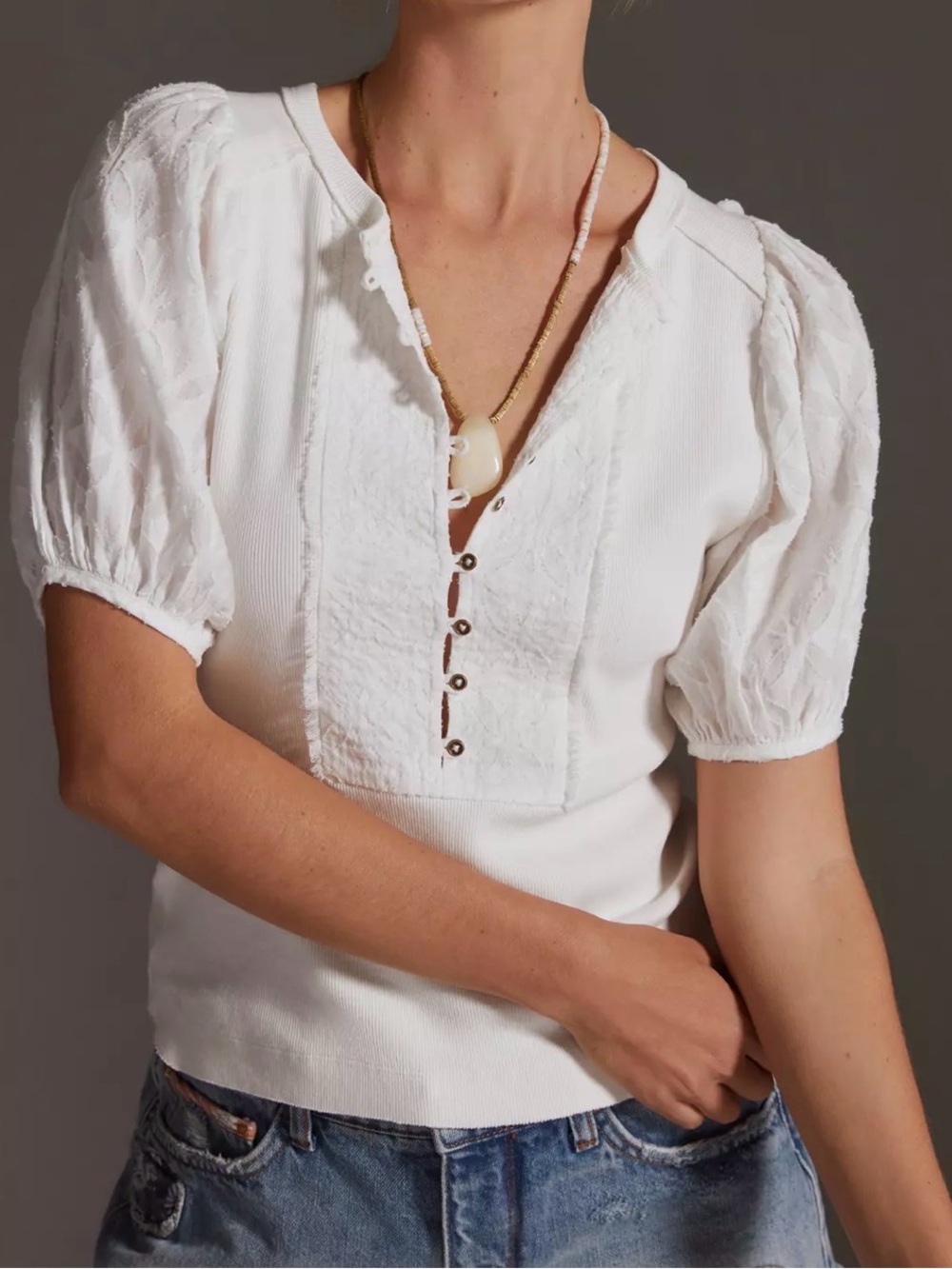Pilcro Women's White Puff-Sleeve Bella Henley Top